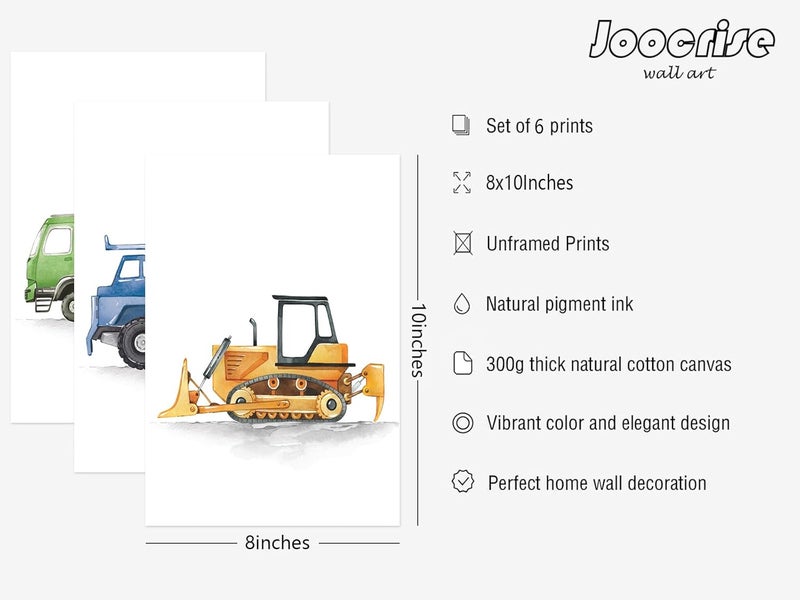 Joocrise Boys Truck Wall Art Set of 6 Truck Vehicle Canvas Wall Art Decor Toddler Construction Wall Art Watercolor Truck Pictures Kids Playroom Art Prints Nursery Artwork for Room Bedroom 8x10 Inch Unframed - Image 2