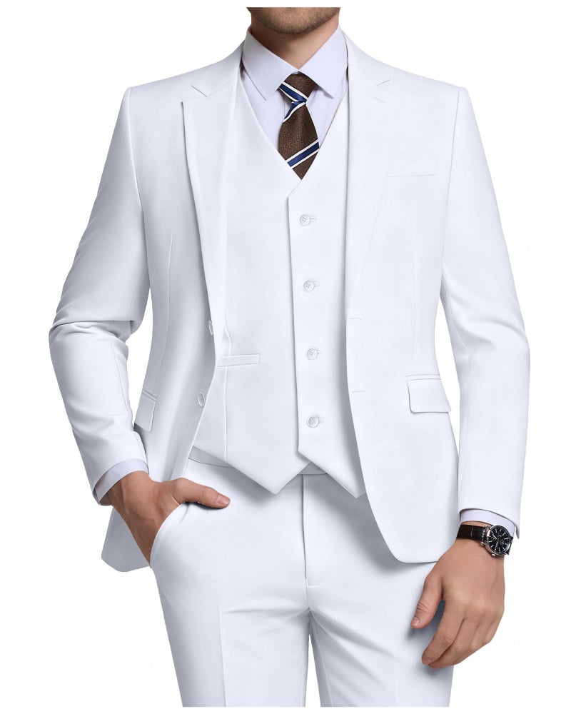 ZKHOECR Men Suits Slim Fit 3 Piece White Business Wedding Suits Tuxedos Groomsmen Prom Blazer Jacket Vest Pants Men Suit Set XS - Image 1