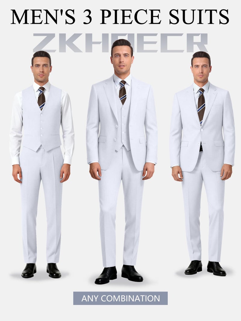 ZKHOECR Men Suits Slim Fit 3 Piece White Business Wedding Suits Tuxedos Groomsmen Prom Blazer Jacket Vest Pants Men Suit Set XS - Image 2