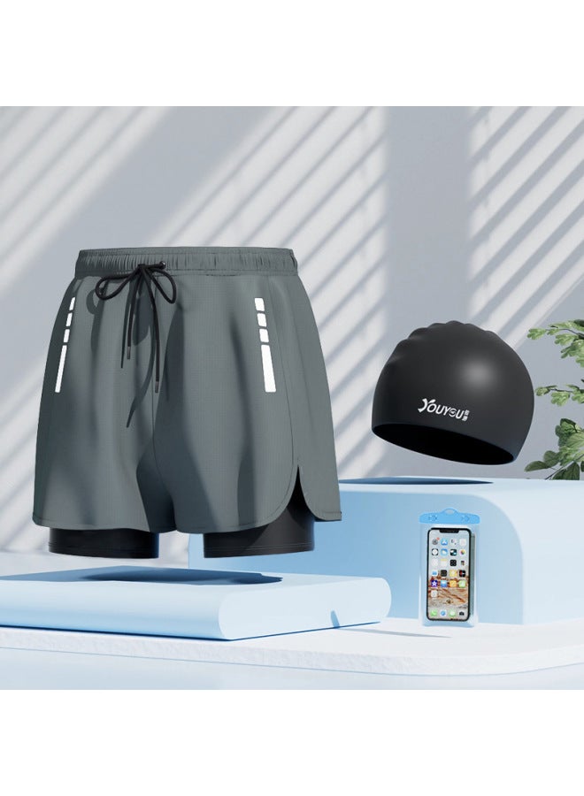 YouYou Men's 3-in-1 Swim Set:Double-Layer Quick-Dry Trunks,Silicone Cap and Waterproof Waterproof Phone Bag - Image 1
