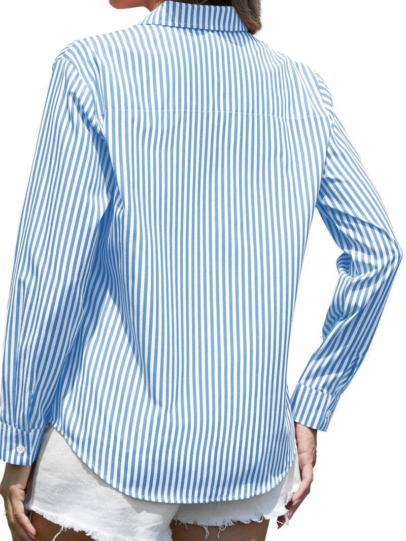 CUNLIN Light Blue Button Down Shirt Women Long Sleeve Blouses for Shirts Striped Womens Tops Blouse Cotton and Fashion Light Blue Size L - Image 2