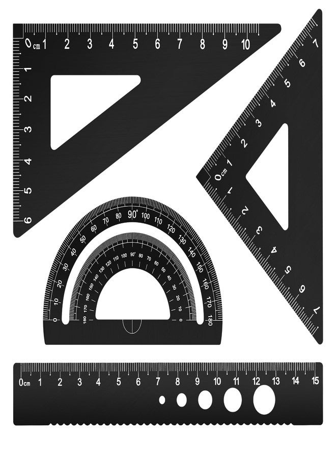 Honagu Triangular Ruler Set, 4 Pieces Aluminum Alloy Ruler, Metal Drafting Ruler, Geometric Protractor for Students, Draftsmen, Engineers, School Office Supplies (Black) - Image 1
