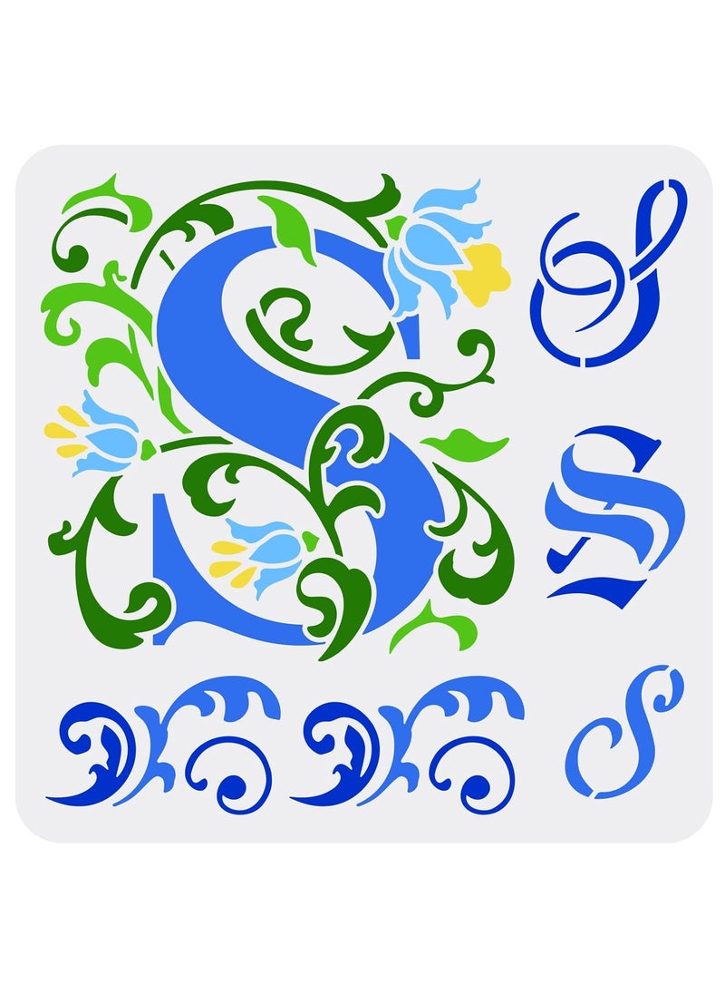 FINGERINSPIRE FINGERINSPIRE Initial S Painting Stencil 11.8x11.8inch Reusable Graffiti Letter S Drawing Template DIY Art Flower Vine Design Letter S Stencil Painting on Wood, Wall and Furniture  - Image 1