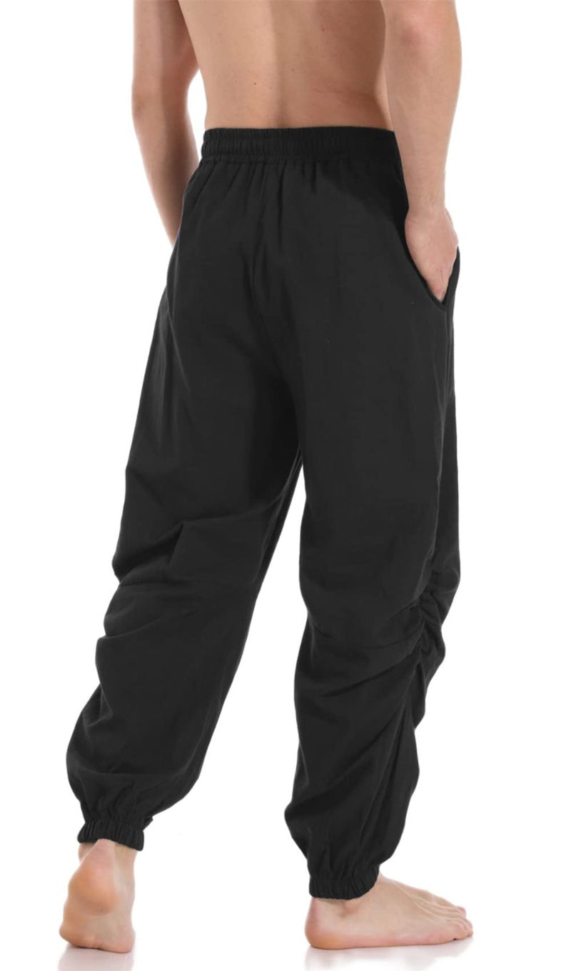 PACEIADTA Mens Cotton Linen Drawstring Pants Elastic Waist Casual Jogger Yoga Pants (36, Black) - Image 3