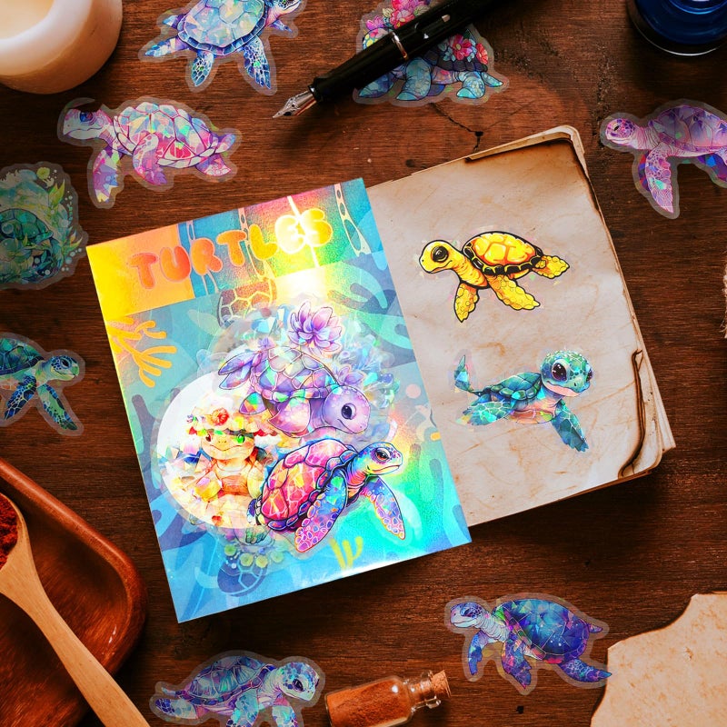 Yoksas Cute Holographic Sea Turtle Stickers - 50Pcs Waterproof Clear Kawaii Shiny Ocean Life Stickers for Scrapbook,Water Bottles,Laptops,Birthday Party Supplies - Image 3