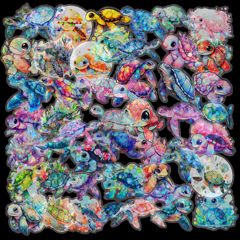 Yoksas Cute Holographic Sea Turtle Stickers - 50Pcs Waterproof Clear Kawaii Shiny Ocean Life Stickers for Scrapbook,Water Bottles,Laptops,Birthday Party Supplies - Image 1
