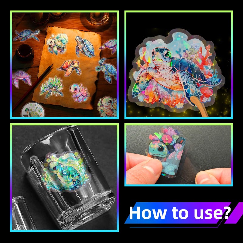 Yoksas Cute Holographic Sea Turtle Stickers - 50Pcs Waterproof Clear Kawaii Shiny Ocean Life Stickers for Scrapbook,Water Bottles,Laptops,Birthday Party Supplies - Image 5