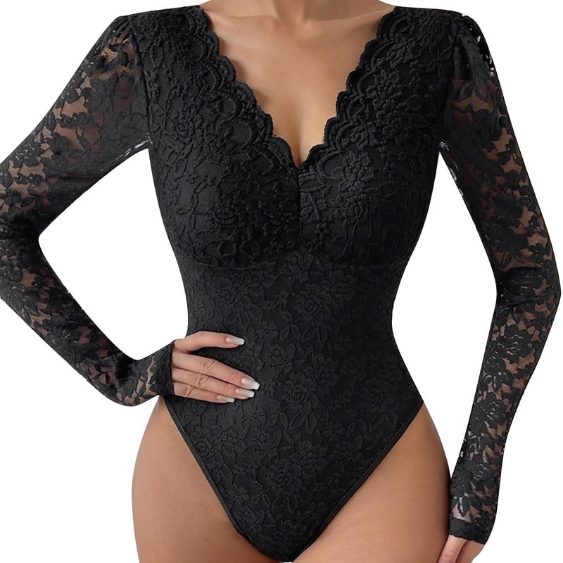 ABAFIP Womens Sheer Long Sleeve Floral Lace Bodysuit Blouse Top VNeck Backless Going Out Leotard Tops Black XSmall