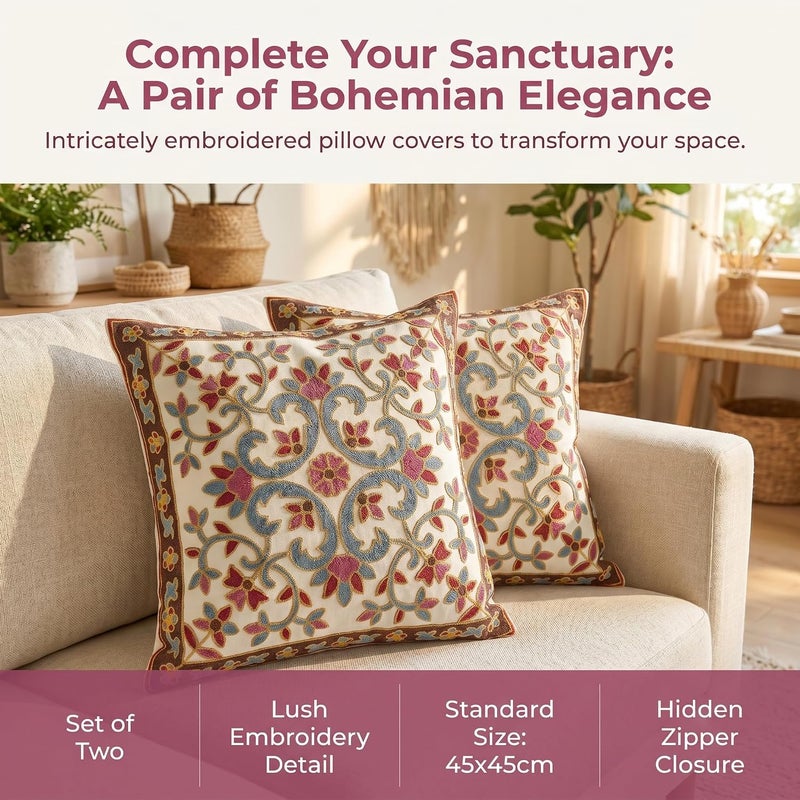 CozyNook Cushion Cover 45 X 45cm, Embroidered Throw Pillow Covers for Garden Lounge, Sofa, Living Room, Bedroom, Home Decor Floral Pattern without Pillow Pack of 2 (Lazy Blue) - Image 4