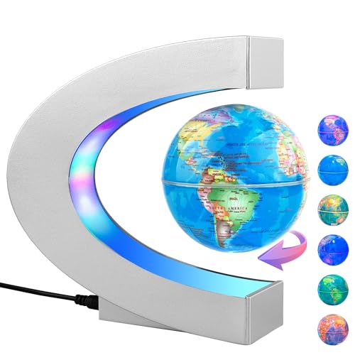 MOKOQI Magnetic Levitating Globe with LED Light, Cool Tech Gift for Men Father Boys and Girls, Birthday Gifts for Kids, Floating Globes World Desk Gadget Decor in Office Home Display (Silver) - Image 1