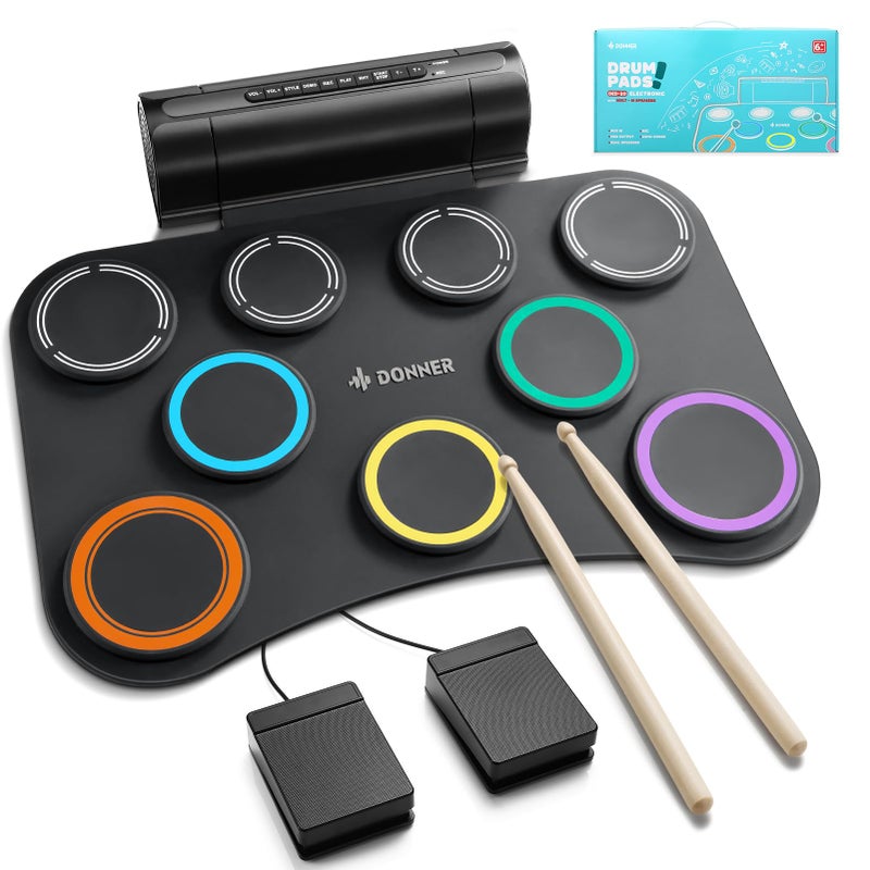 Donner Electric Drum Pad, 9 Pads Electronic Drum Set Roll Up Quiet Drum Pad Built-in Speaker, 40 Drum Lessons Included, Kids Holiday & Birthday Instrument Toys - Image 1