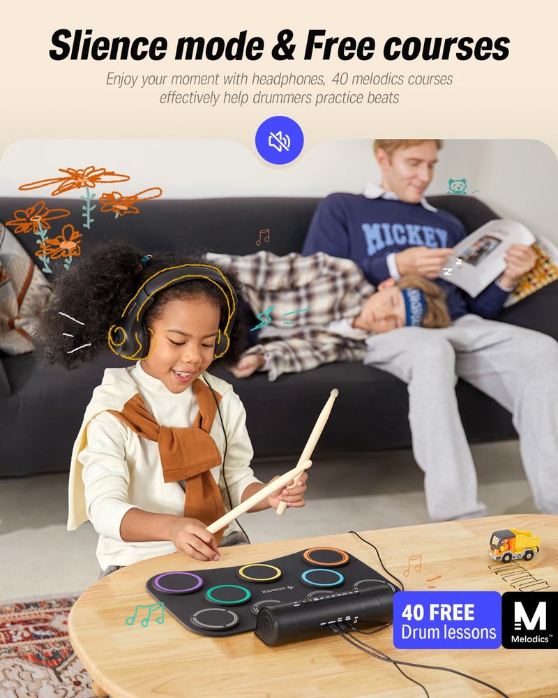 Donner Electric Drum Pad, 9 Pads Electronic Drum Set Roll Up Quiet Drum Pad Built-in Speaker, 40 Drum Lessons Included, Kids Holiday & Birthday Instrument Toys - Image 2
