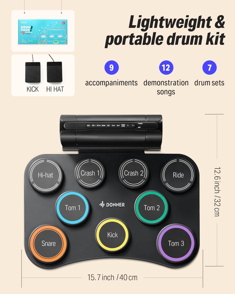 Donner Electric Drum Pad, 9 Pads Electronic Drum Set Roll Up Quiet Drum Pad Built-in Speaker, 40 Drum Lessons Included, Kids Holiday & Birthday Instrument Toys - Image 5