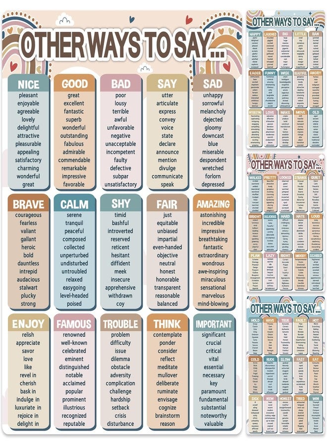 Lonfliness 4 Pcs Boho English Educational Posters 60 Groups Grammar Learning Charts Other Way to Say Poster Classroom Synonyms Bulletin Boards Parts of Speech Wall Decor Elementary Middle School Teacher Supplies - Image 1