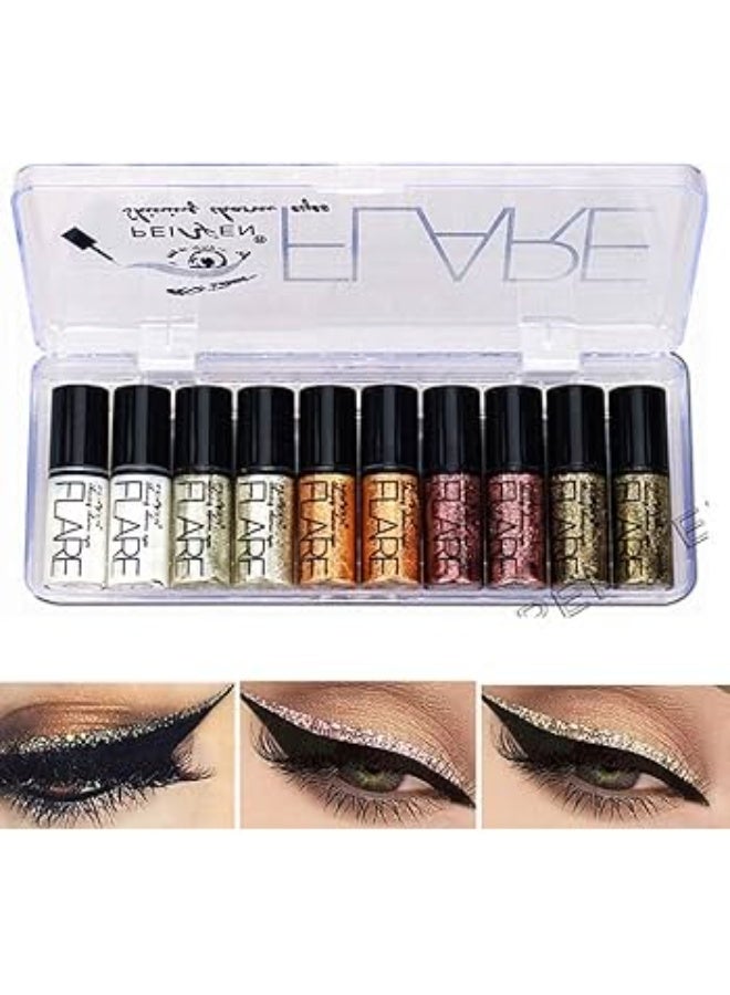 فلاير Diamond Glitter Eyeliner Liquid Set, 10 PCS Shimmer Metallic Eyeshadow Waterproof Makeup Kit Sparkling Colorful Eyeliner Kit - Image 4