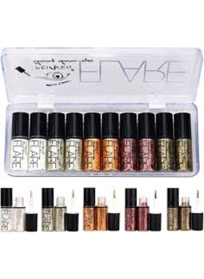 فلاير Diamond Glitter Eyeliner Liquid Set, 10 PCS Shimmer Metallic Eyeshadow Waterproof Makeup Kit Sparkling Colorful Eyeliner Kit - Image 1