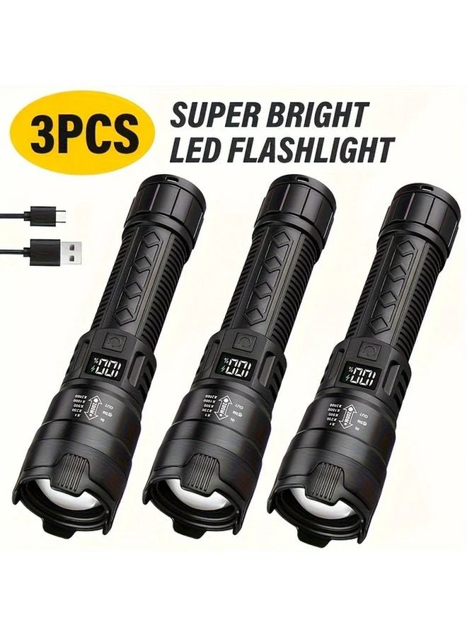 3pcs Rechargeable LED Flashlight With Zoom Power Indicator For Outdoor Camping Work Emergency - Image 2