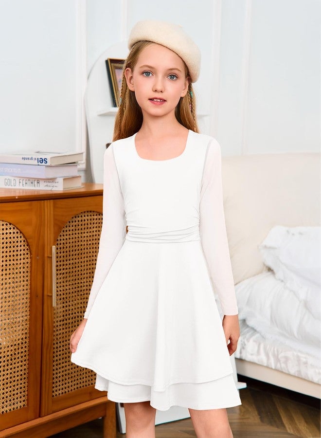 Haloumoning Girls Mesh Long Sleeve Dress Kids Square Neck Ruched Waist Double Layered Party Dance Dresses 5-14Y, White, 11-12 Years - Image 4