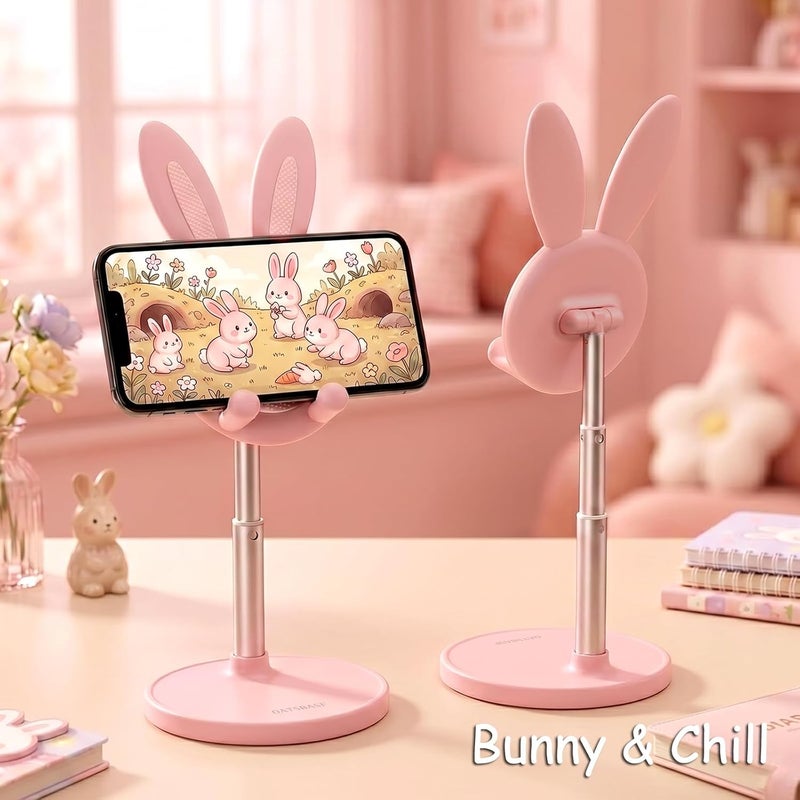 Oatsbasf Cute Phone Stand, Adjustable Bunny Phone Stand for Desk, Thick Case Friendly Phone Holder Stand, Compatible with iPhone, Kindle, iPad, Switch, Tablets, All Phones (Pink) - Image 3