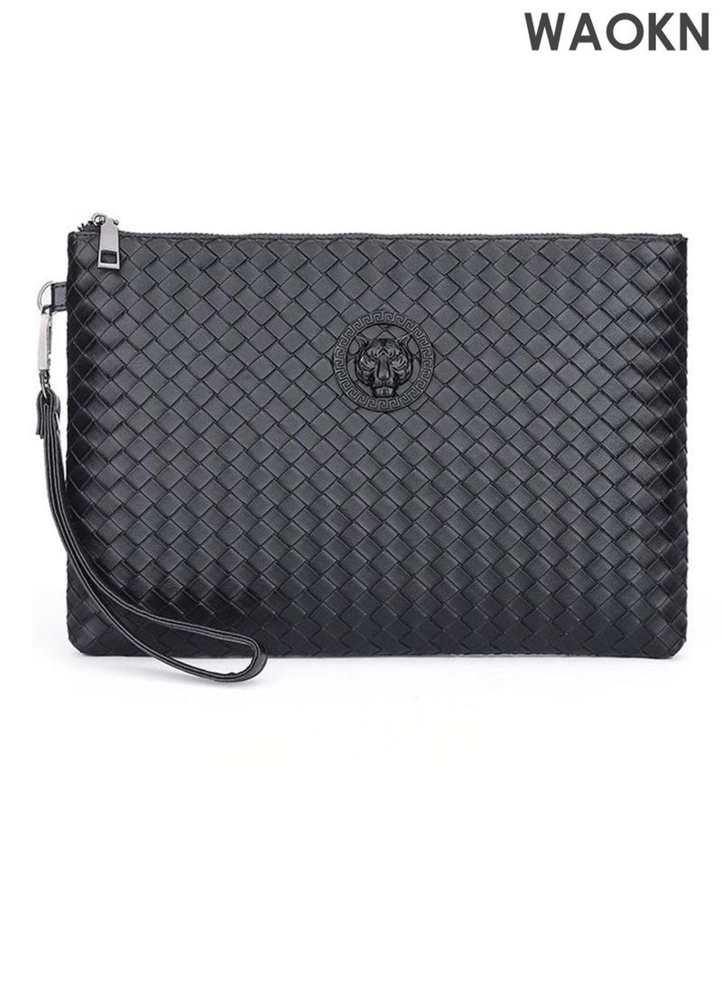 WAOKN Men Casual Clutch Bag ,Classic Portable Envelope Zipper Bag ,Large Capacity Lightweight Wallet, Business Soft Weave Card Holder with Wrist Strap, Waterproof for Men Gift ,Stain-resistant and wear-resistant,Black. - Image 1