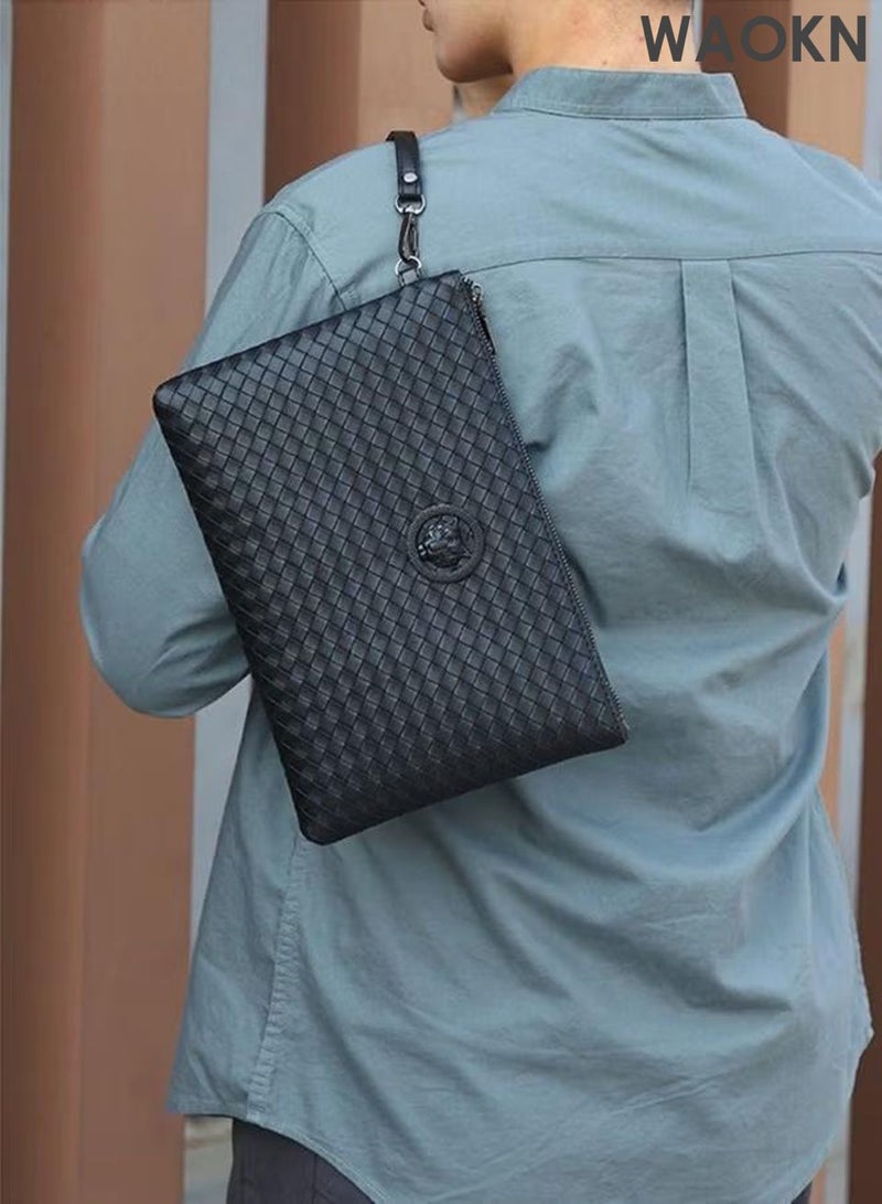 WAOKN Men Casual Clutch Bag ,Classic Portable Envelope Zipper Bag ,Large Capacity Lightweight Wallet, Business Soft Weave Card Holder with Wrist Strap, Waterproof for Men Gift ,Stain-resistant and wear-resistant,Black. - Image 4