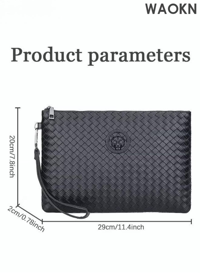 WAOKN Men Casual Clutch Bag ,Classic Portable Envelope Zipper Bag ,Large Capacity Lightweight Wallet, Business Soft Weave Card Holder with Wrist Strap, Waterproof for Men Gift ,Stain-resistant and wear-resistant,Black. - Image 2