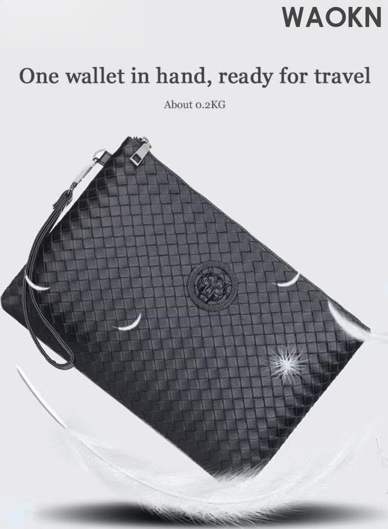 WAOKN Men Casual Clutch Bag ,Classic Portable Envelope Zipper Bag ,Large Capacity Lightweight Wallet, Business Soft Weave Card Holder with Wrist Strap, Waterproof for Men Gift ,Stain-resistant and wear-resistant,Black. - Image 3
