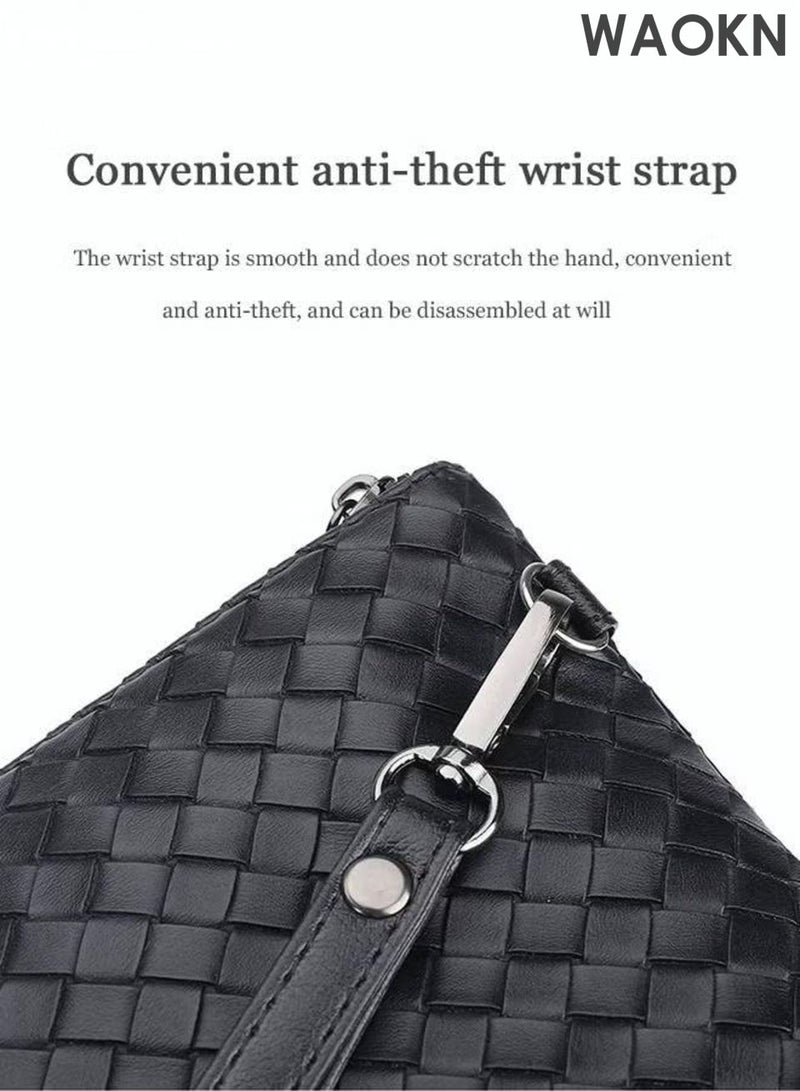 WAOKN Men Casual Clutch Bag ,Classic Portable Envelope Zipper Bag ,Large Capacity Lightweight Wallet, Business Soft Weave Card Holder with Wrist Strap, Waterproof for Men Gift ,Stain-resistant and wear-resistant,Black. - Image 5