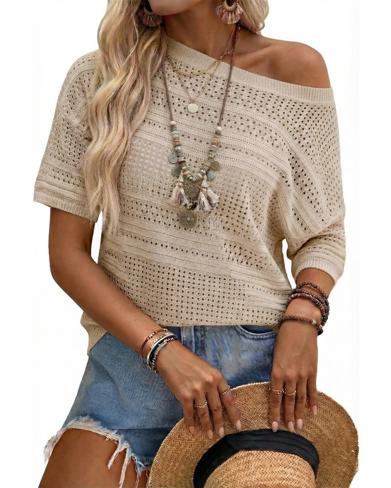 Arach&Cloz Womens 2026 Spring Summer Linen Blend Crochet Tops Beach Casual Short Sleeve Sweater Pullover Shirts Boho Resort Wear Vacation Cruise Outfits Lightweight Trendy Fashion Khaki L - Image 1