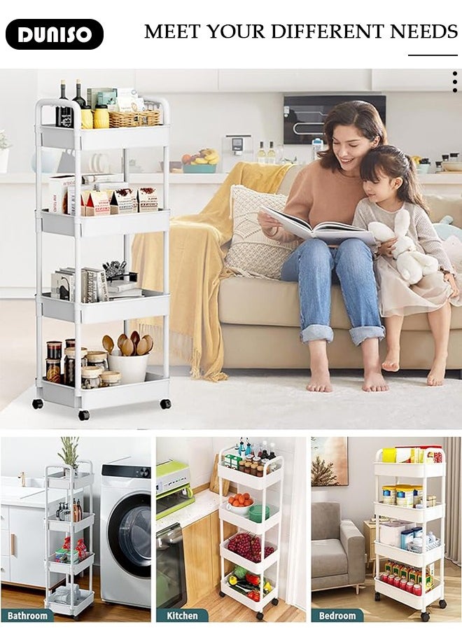 DUNISO 4 Tier Rolling Utility Cart Organizer,  Rolling Metal Storage Organizer,Mobile Utility Cart,Kitchen Trolley Cart,Mobile Shelving Unit For Kitchen, Bedroom, Bathroom, Office, Laundry Room And Garage  - Image 3