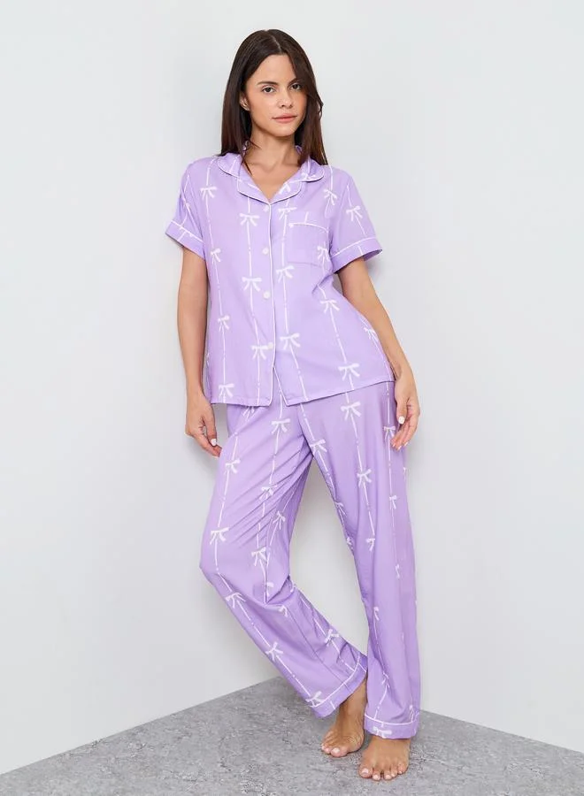 Take Two Purple Bow Print Shirt And Pyjama Set