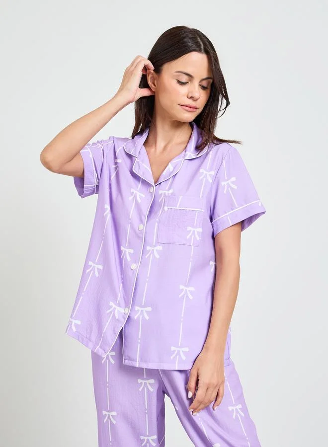 Take Two Purple Bow Print Shirt And Pyjama Set