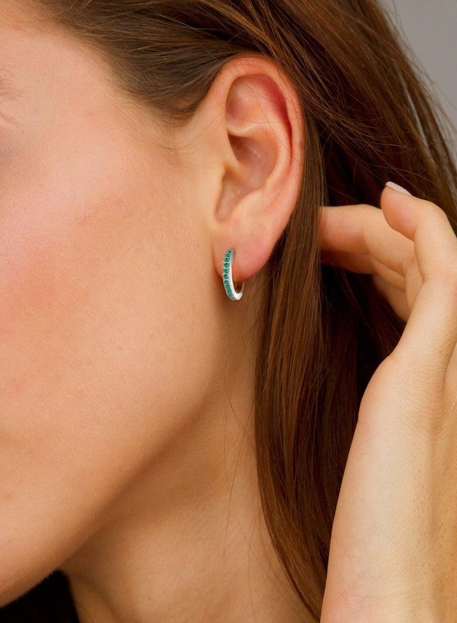 YL Round Huggie Earrings 925 Sterling Silver Halo Hoop Earrings Created Emerald Jewelry for Women - Image 3