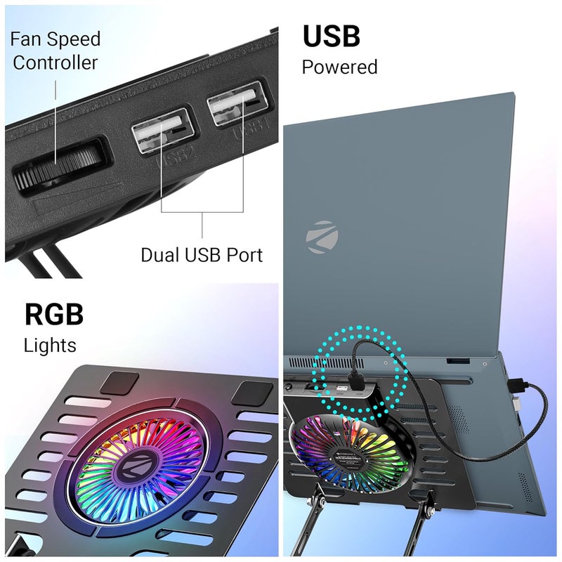 ZEBRONICS NS4000 PRO 2, Rotatable Laptop Metal Stand, Upto 15.6 inch, 2X USB Ports, RGB Fan + Speed Controller, 360° Fidget Rotation, Foldable, Multi Angle Adjustment, Anti-Slip Silicone Pads - Image 3