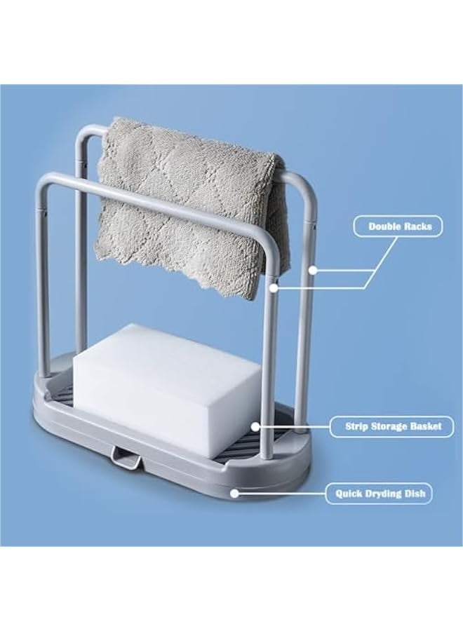 بيوينتي اي سي في في رفوف حوض المطبخ، حامل اسفنجي مزدوج لتجفيف الاطباق بتصميم صرف، رفوف تخزين للمطبخ، منظم ملحقات المطبخ، رمادي، بلاستيك - Image 3