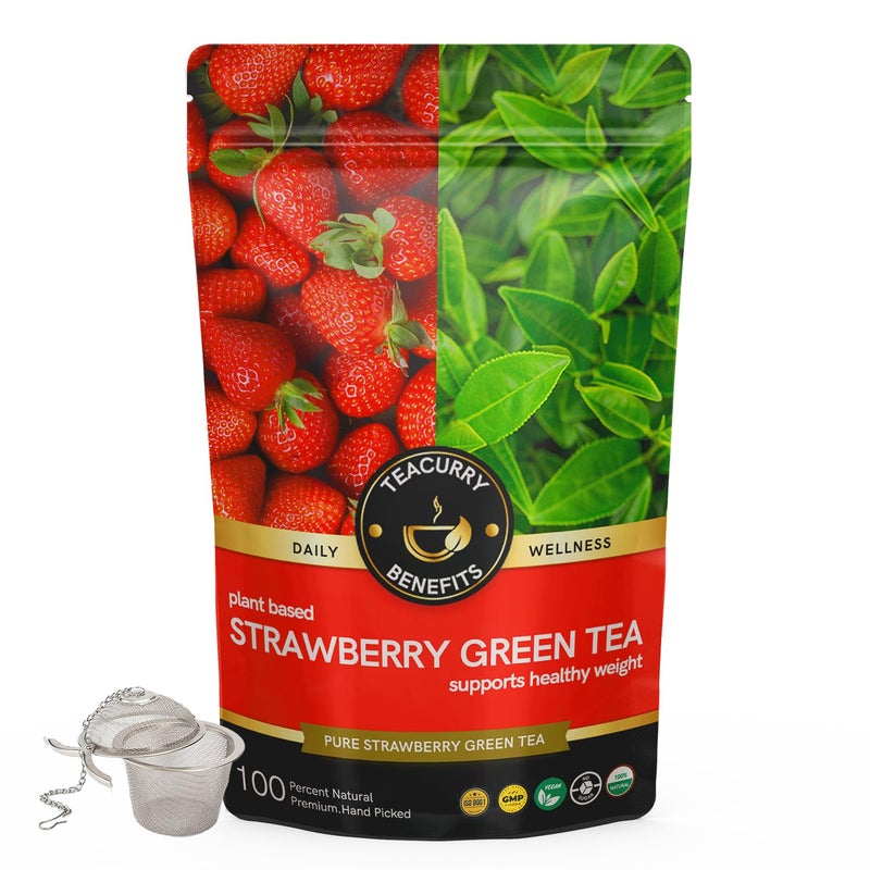 TEACURRY Strawberry Green Tea (100 Grams | with Infuser) - Helps with Strength & Skin Care | 100% pure Straberry and Green Tea - Image 1