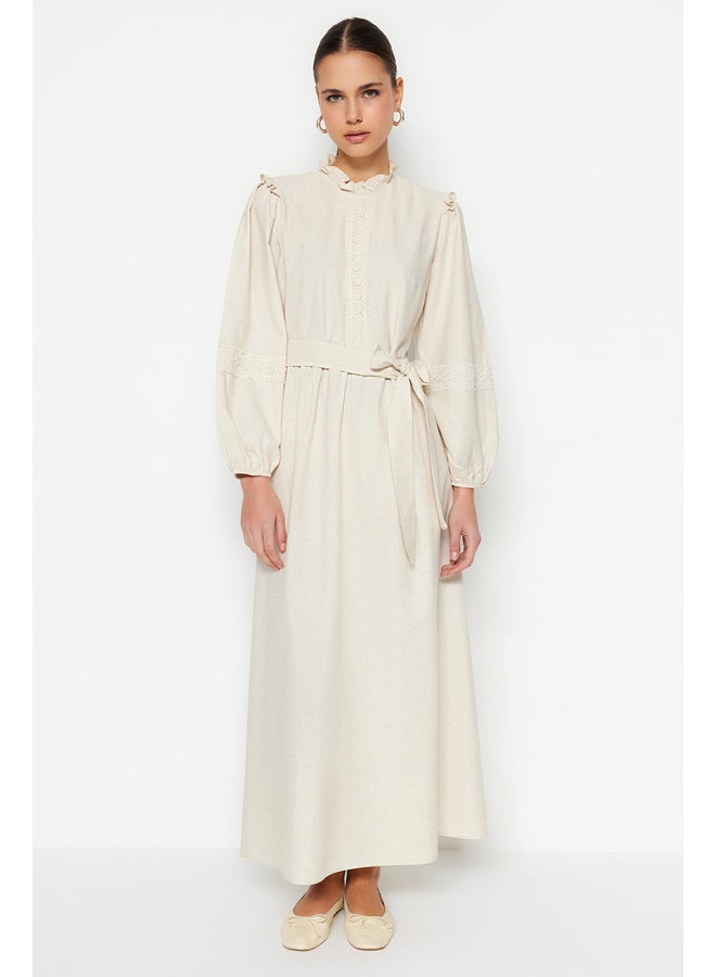 trendyol Cream Belted Guipure and Ruffle Detailed Linen Blended Woven Dress TCTSS23EB00011 - Image 1