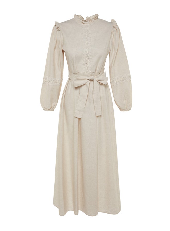 trendyol Cream Belted Guipure and Ruffle Detailed Linen Blended Woven Dress TCTSS23EB00011 - Image 3