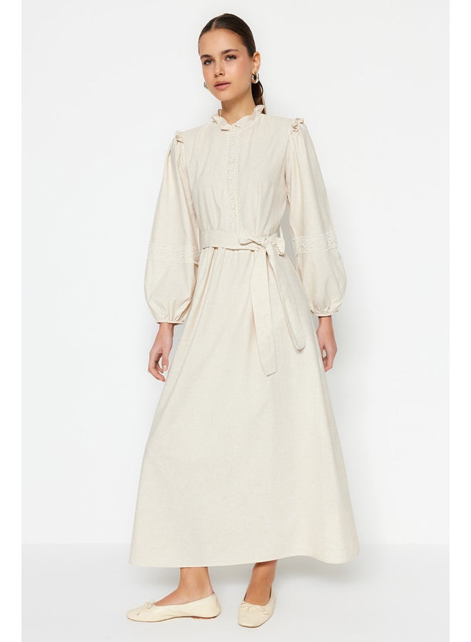 trendyol Cream Belted Guipure and Ruffle Detailed Linen Blended Woven Dress TCTSS23EB00011 - Image 2