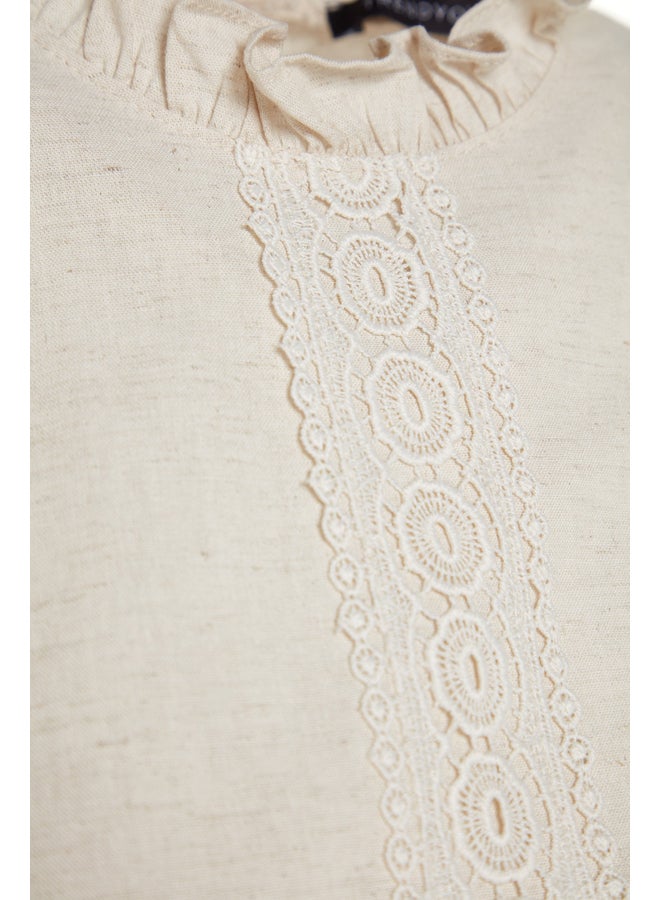 trendyol Cream Belted Guipure and Ruffle Detailed Linen Blended Woven Dress TCTSS23EB00011 - Image 4