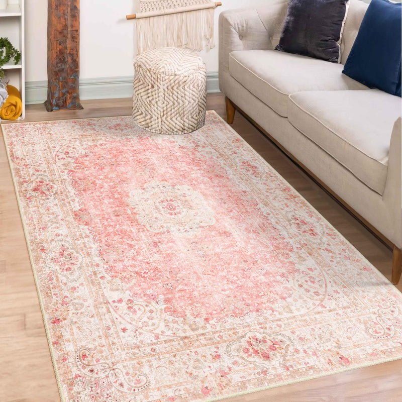 Castage Pink Rug 3x5,Washable Area Rugs for Bedroom Living Room Kitchen Entryway,Small Boho Vintage Bohemian Distressed Non Slip Carpet,Blush - Image 2