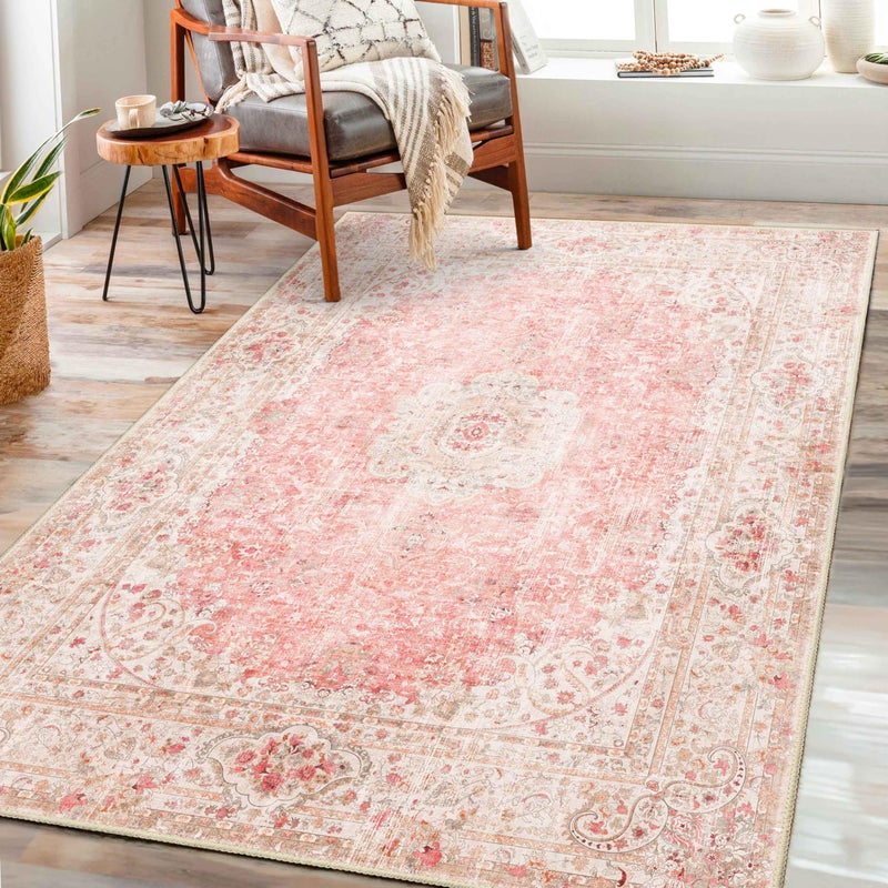 Castage Pink Rug 3x5,Washable Area Rugs for Bedroom Living Room Kitchen Entryway,Small Boho Vintage Bohemian Distressed Non Slip Carpet,Blush - Image 1