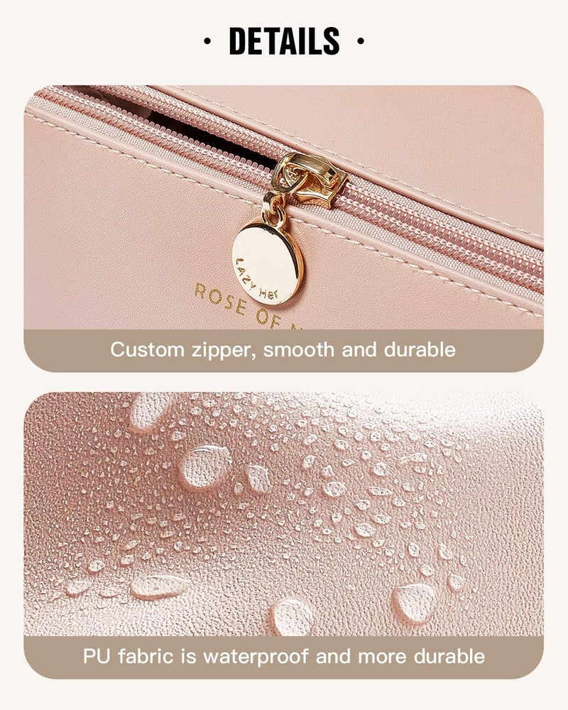 ABTRIX with AB Leather Travel Makeup Bag,Large Capacity Cosmetic Bags for Women, Waterproof Portable Pouch Open Flat Toiletry Bag Make Up Organizer with Divider and Handle, Multi Color (Pink) - Image 4