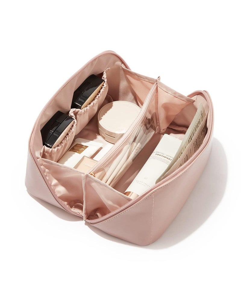 ABTRIX with AB Leather Travel Makeup Bag,Large Capacity Cosmetic Bags for Women, Waterproof Portable Pouch Open Flat Toiletry Bag Make Up Organizer with Divider and Handle, Multi Color (Pink) - Image 1