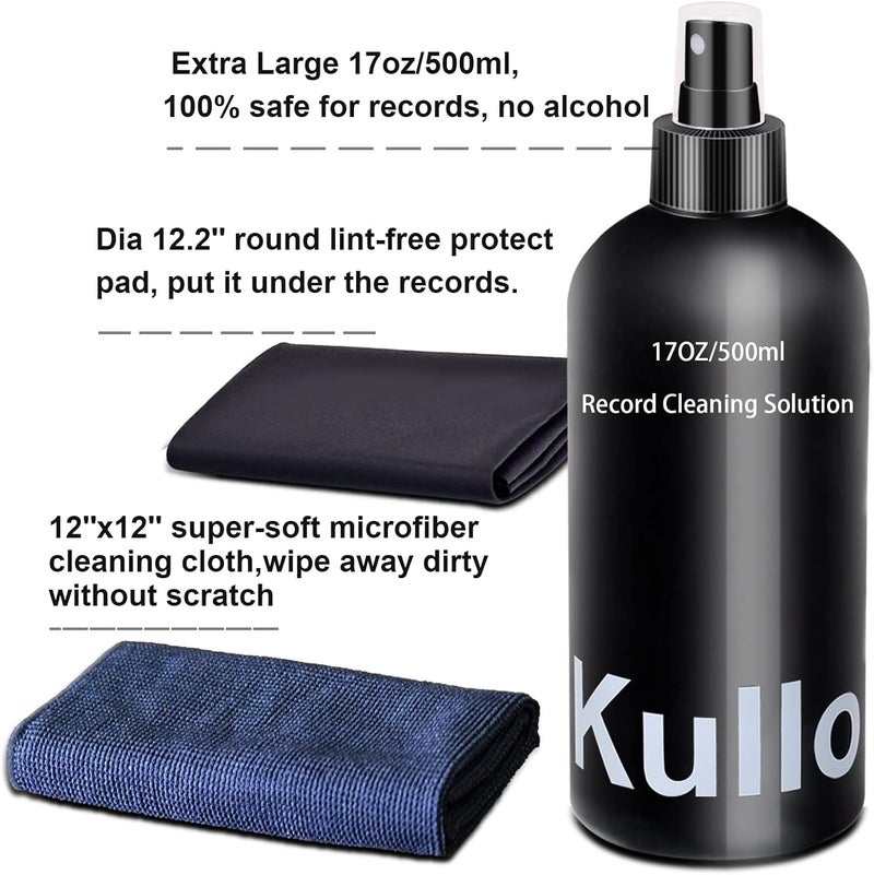 kulloomii محلول تنظيف أسطوانات الفينيل 17 أونصة/500 مل، مجموعة تنظيف أسطوانات الفينيل 4 قطع، رذاذ سائل تنظيف الأسطوانة وحامي الملصق وقماش ميكروفايبر وسادة واقية، مجموعة تنظيف مشغل الأسطوانات لألبوم LP - Image 5