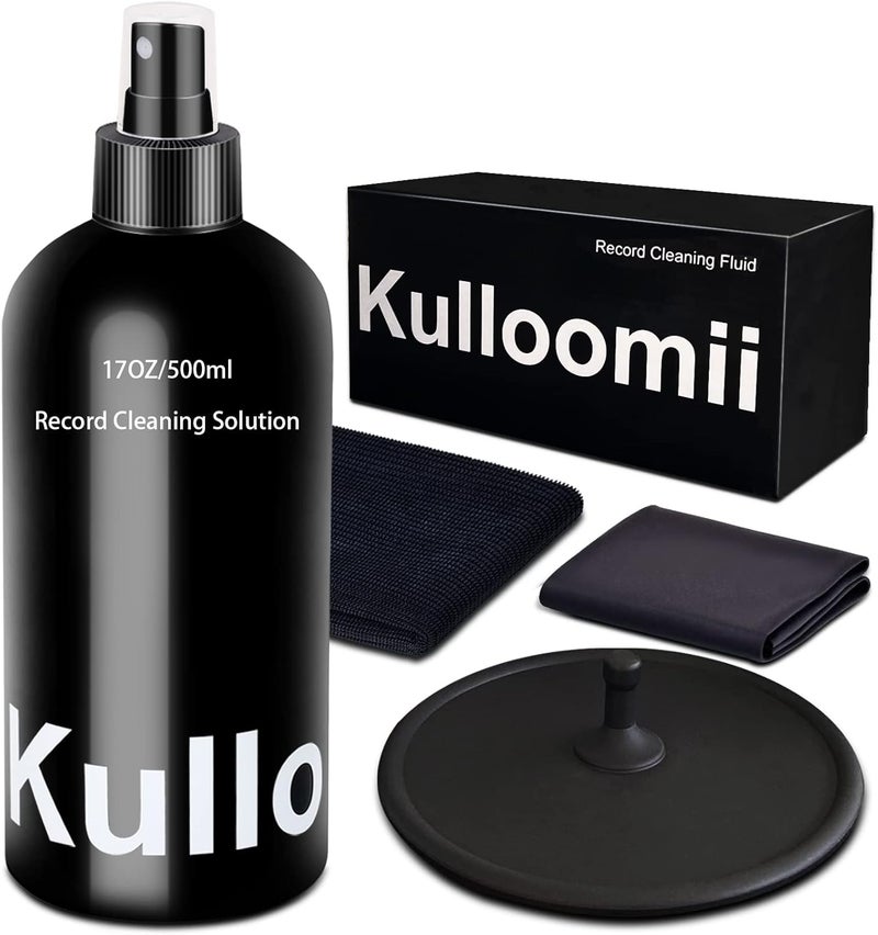 kulloomii محلول تنظيف أسطوانات الفينيل 17 أونصة/500 مل، مجموعة تنظيف أسطوانات الفينيل 4 قطع، رذاذ سائل تنظيف الأسطوانة وحامي الملصق وقماش ميكروفايبر وسادة واقية، مجموعة تنظيف مشغل الأسطوانات لألبوم LP - Image 1