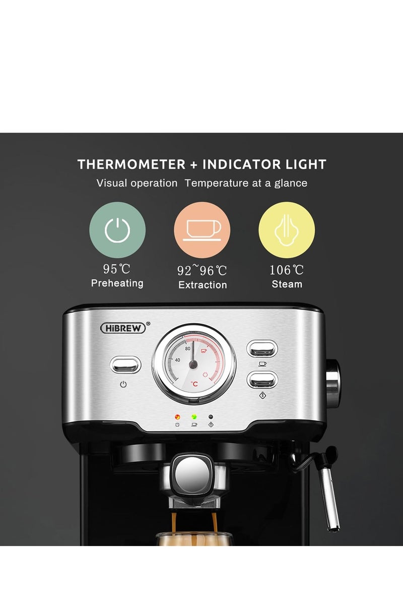 هيبرو ماكينة صنع القهوة ، ماكينة إسبرسو شبه أوتوماتيكية من الفولاذ المقاوم للصدأ 20 بار مع عرض درجة الحرارة ، الوضع الساخن وعصا بخار قابلة للتعديل للكابتشينو - Image 2