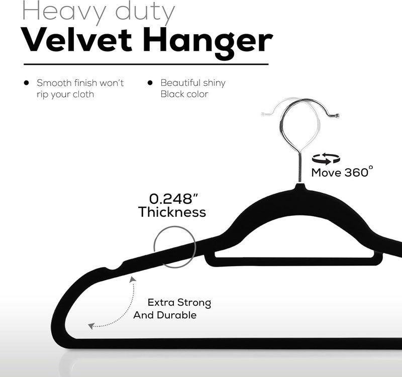 يوتوبيا هوم - مجموعة من 100 علاقة مخملية غير قابلة للانزلاق مع قضيب ربط، علاقات قياسية ثقيلة مع خطاف دوار 360 درجة، أسود - Image 3