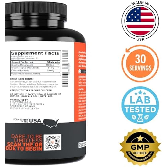 Crazy Muscle, Creatine Pills, 5g 3X Pure Creatine Monohydrate, Pre Workout Bulk Muscle Mass Gainer, High Absorption Easy to Take ThreeAtine 3 Type Optimum Performance for Lean Growth Men Women - Image 5