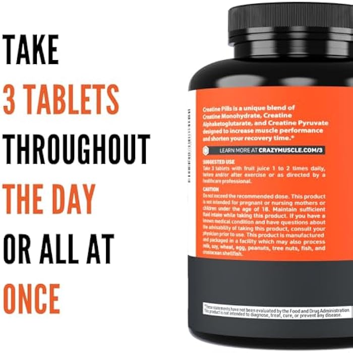 Crazy Muscle, Creatine Pills, 5g 3X Pure Creatine Monohydrate, Pre Workout Bulk Muscle Mass Gainer, High Absorption Easy to Take ThreeAtine 3 Type Optimum Performance for Lean Growth Men Women - Image 4